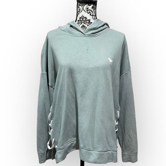 PINK Laced Up Hooded Sweatshirt sz L Gray and White - Picture 1 of 15